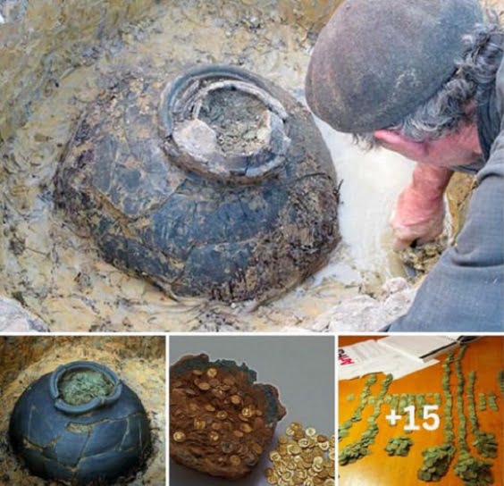 Bowing low to the ground, he found treasure: An elderly man’s last masterpiece, unearthing a hefty 350-pound ancient vase filled with 52,000 Roman coins from the 3rd century AD in a nearby field.